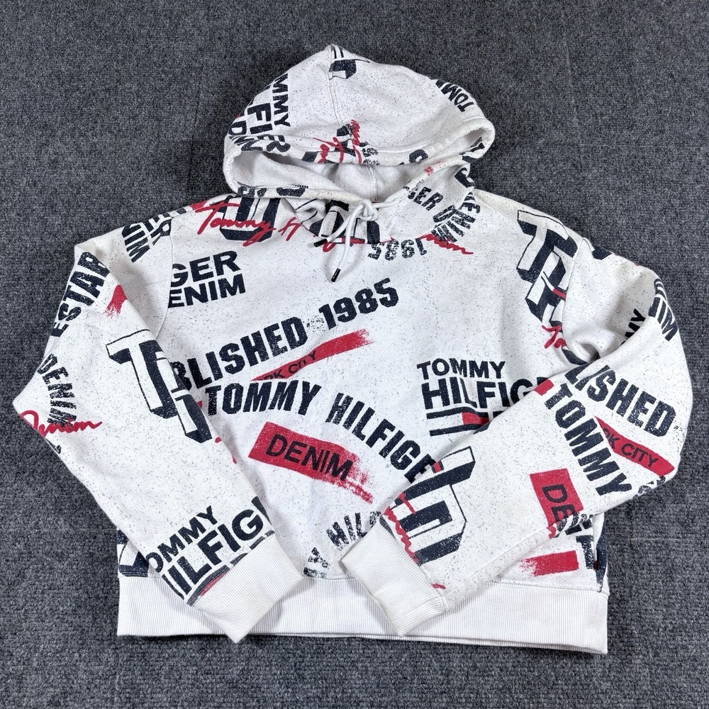Tommy Hilfiger Denim All Over Print Hoodie Womens XS Cropped Crop White Red Blue